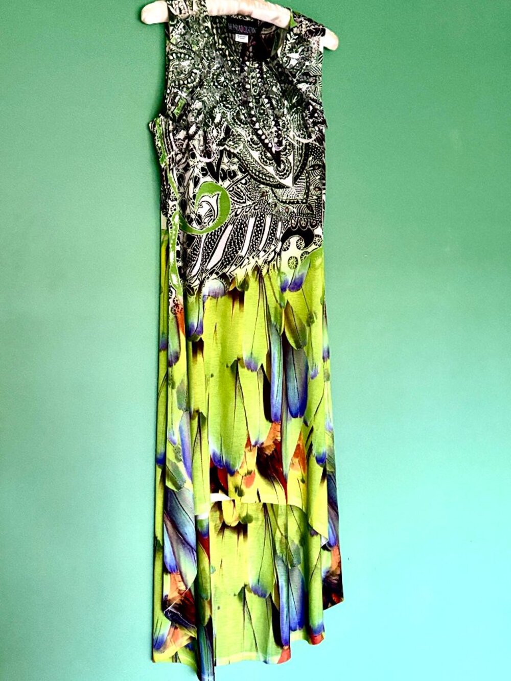 Pyramid Collection Peacock Feather Print Rhinestone Lace Maxi Tunic Dress L